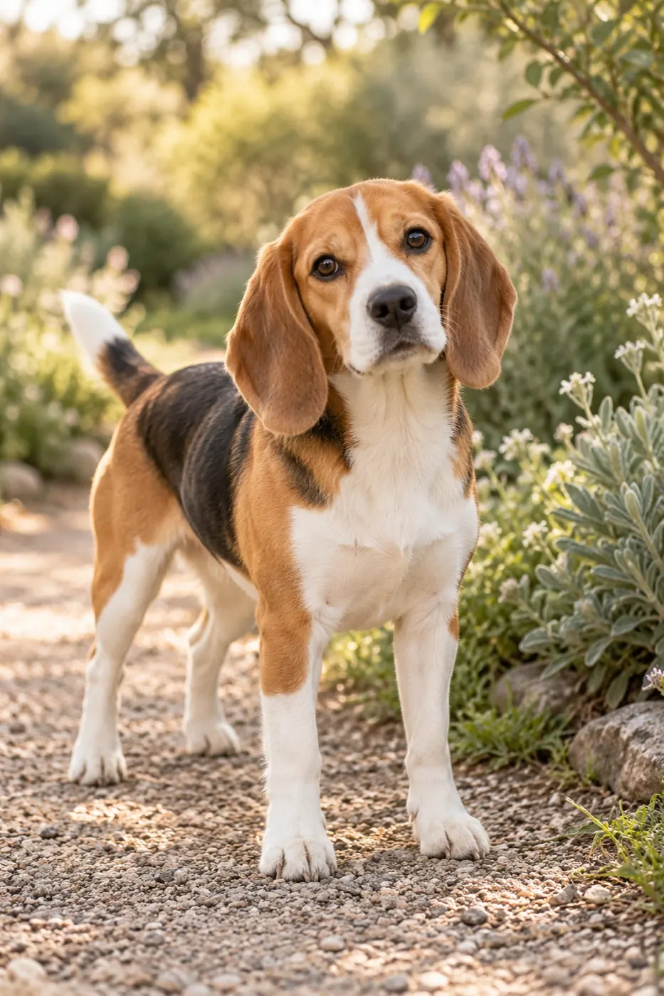 A tricolor Beagle pausing on a garden path beside wildflowers