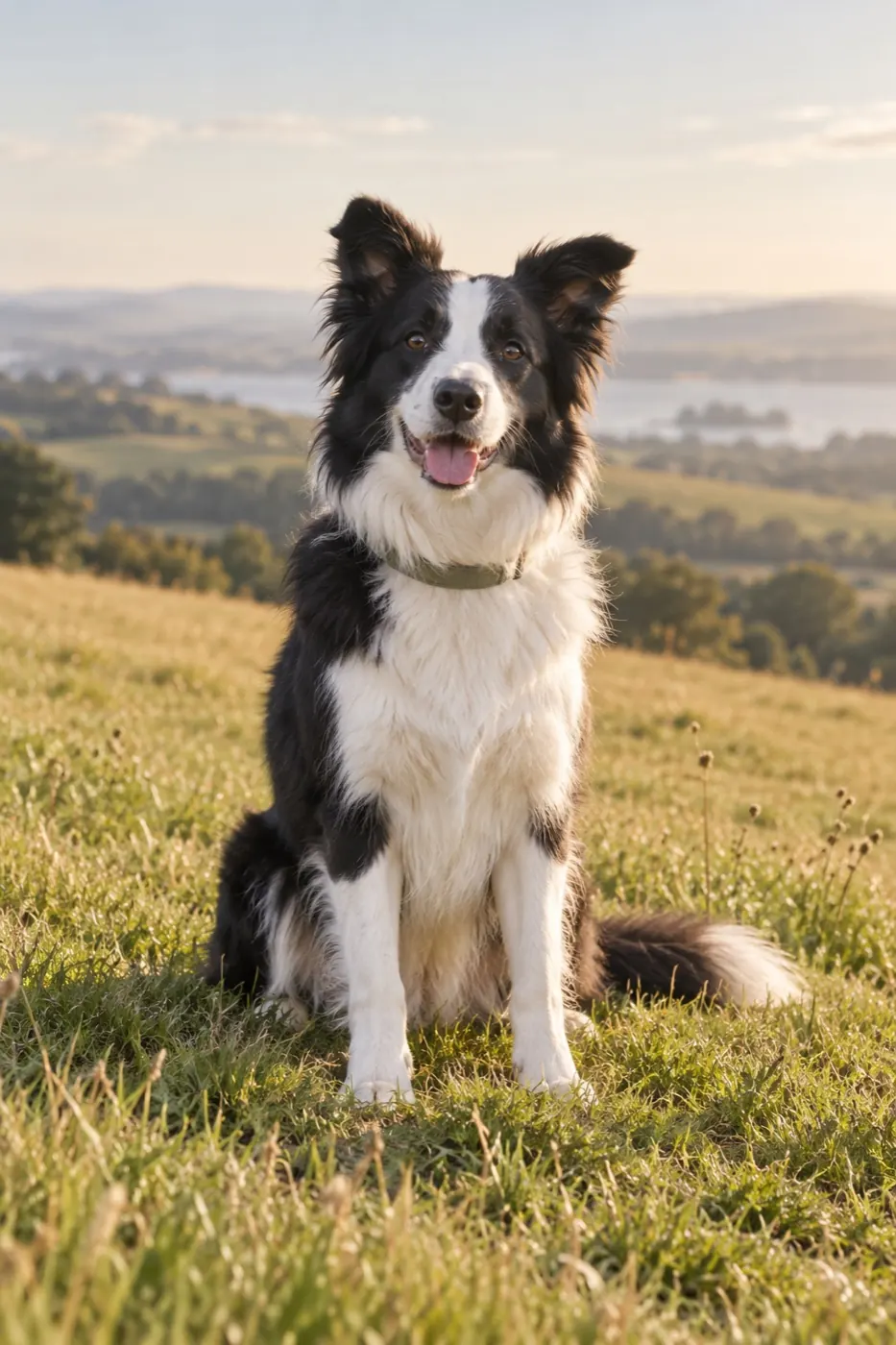 A black-and-white Border Collie sitting in a sunlit meadow