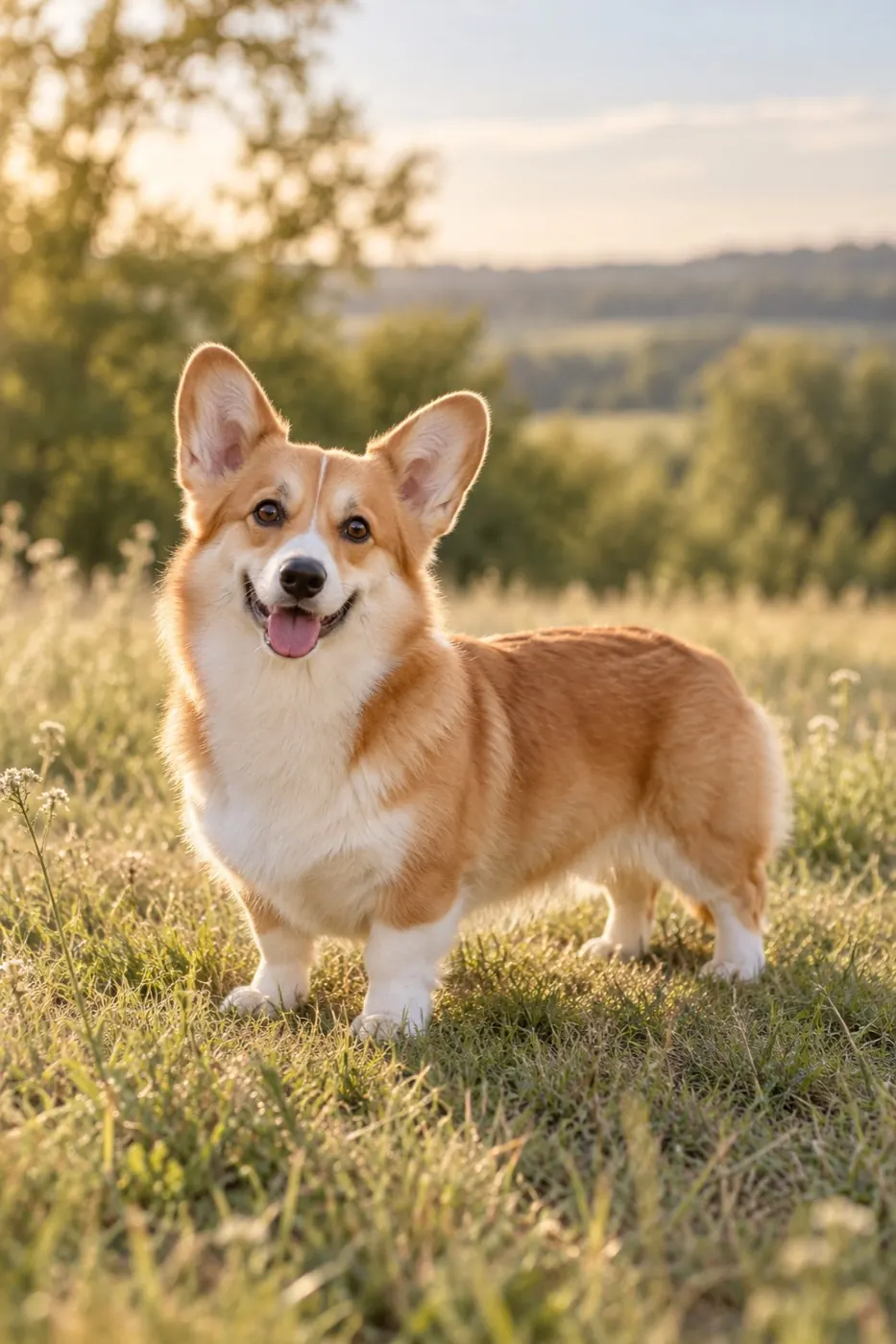 A red-and-white Pembroke Welsh Corgi standing in a warm grassy meadow
