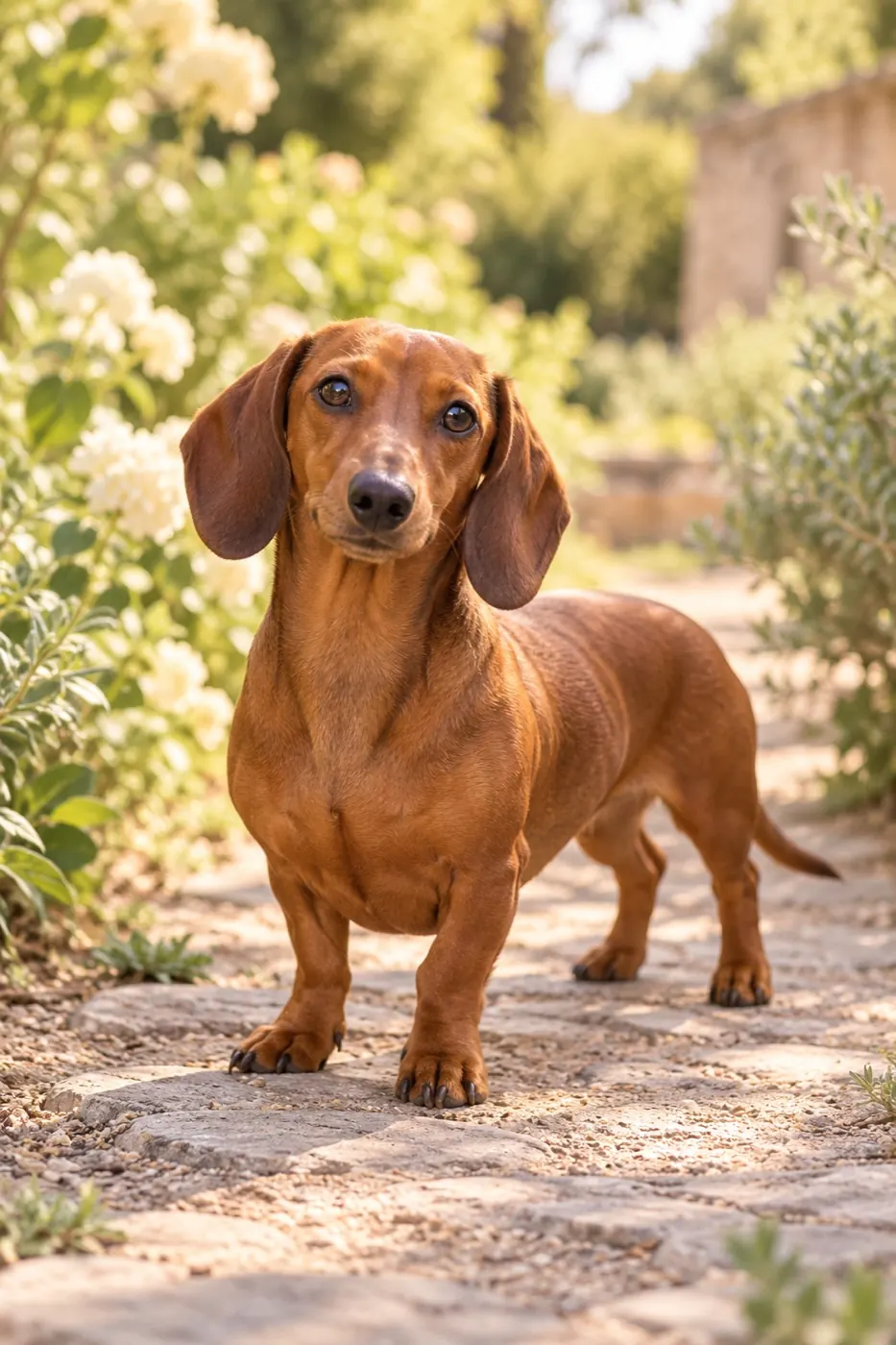 A chestnut Dachshund exploring a warm garden path