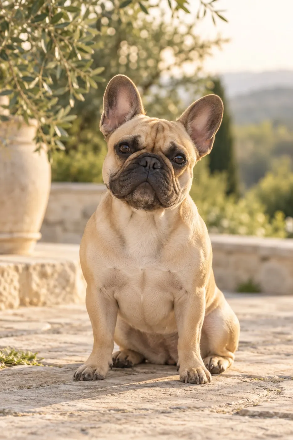 A fawn French Bulldog relaxing on a pale stone garden terrace