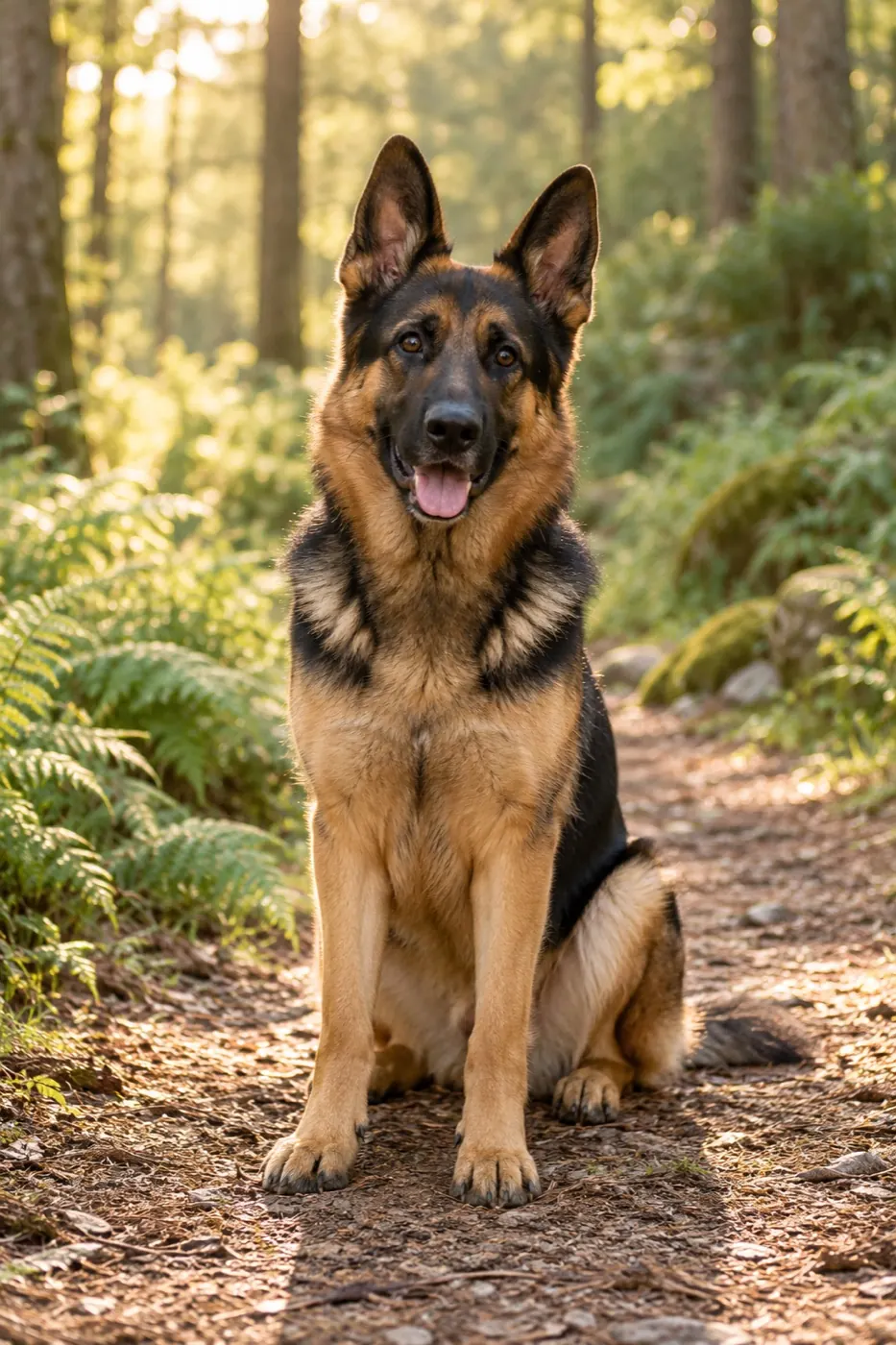 A black-and-tan German Shepherd sitting on a sunlit woodland trail