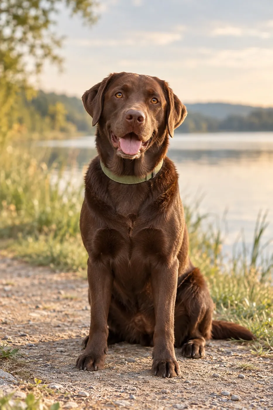 A chocolate Labrador Retriever sitting on a peaceful lakeside path