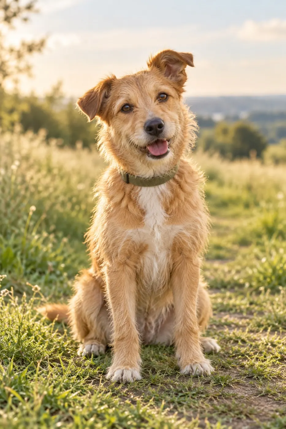 A scruffy honey-colored mixed-breed dog sitting on a grassy park path