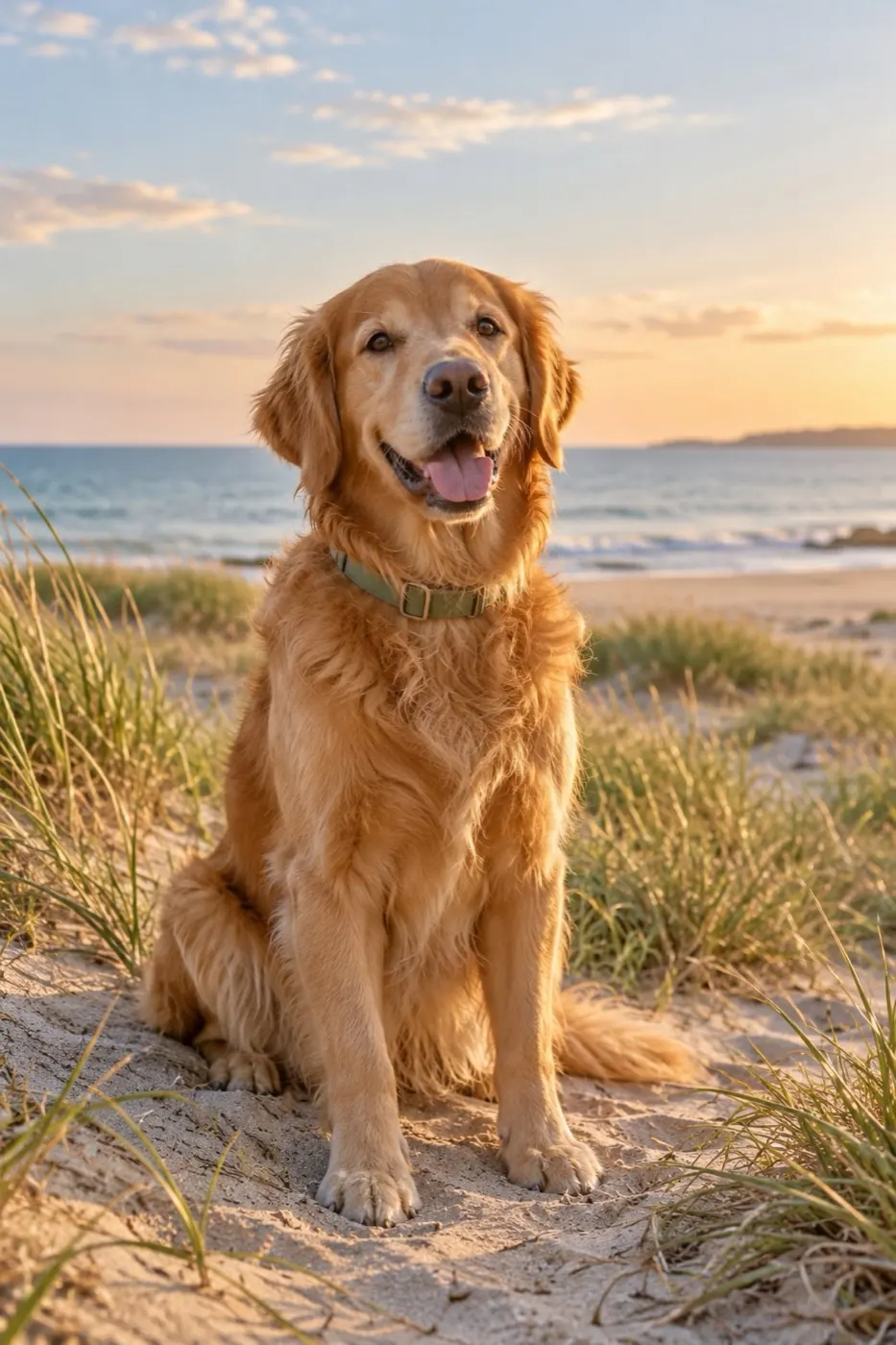 A Golden Retriever enjoying a quiet beach at sunset