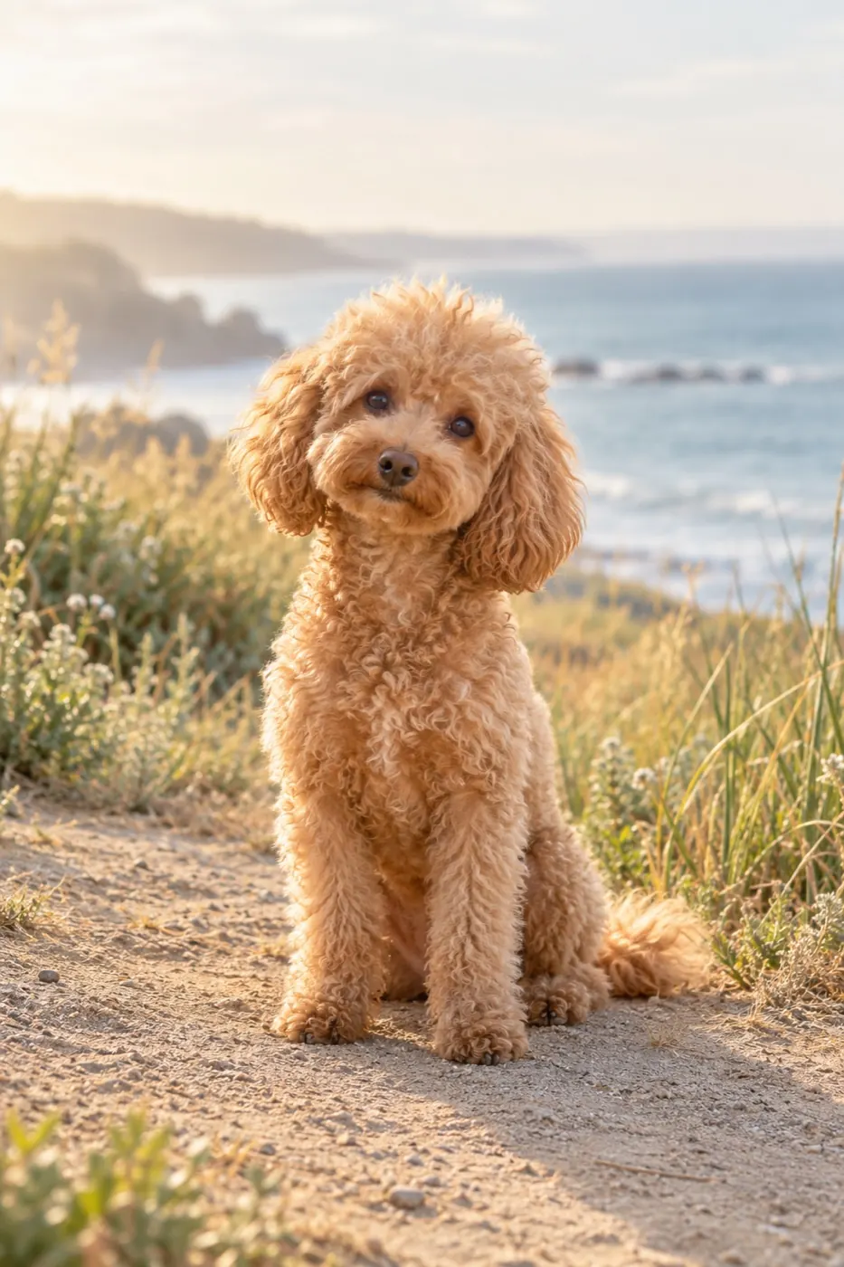 An apricot Poodle sitting beside coastal grasses