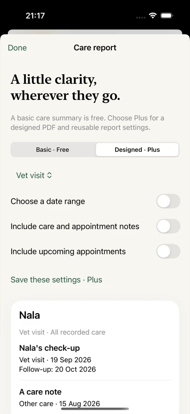The app’s care report preview with date selection and sharing options